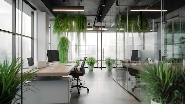 Una oficina moderna con una planta verde colgando del techo.
