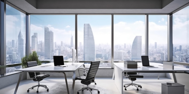 Oficina moderna con ventana y vista a la ciudad interior luminosa AI generativa AIG18