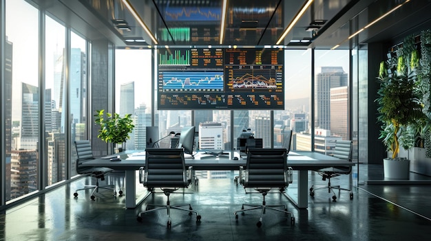 Oficina moderna con vista a la ciudad y datos financieros