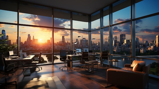 Una oficina moderna con una vista de una ciudad generada por AI