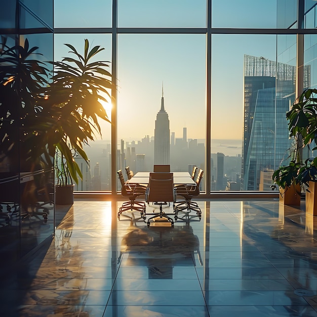 Oficina moderna con vista panorámica del horizonte de la ciudad al atardecer