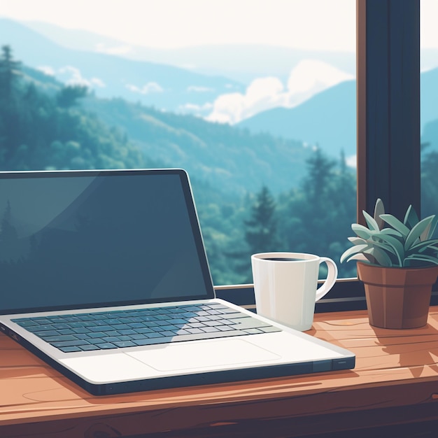 Oficina en la montaña Café de computadora y monitor en blanco en la estación de trabajo escénica Para las redes sociales Tamaño de la publicación