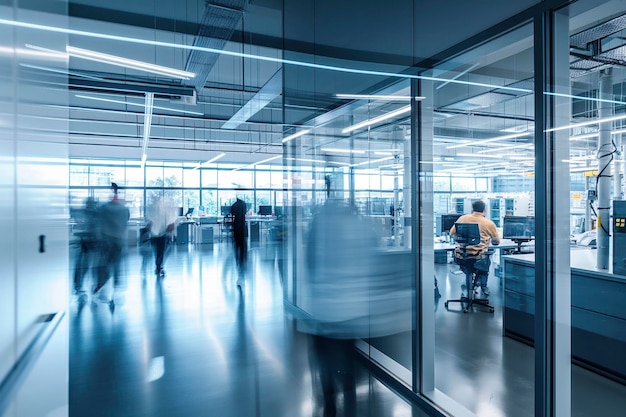 Foto oficina de negocios borrosa con empleados trabajando en sus computadoras