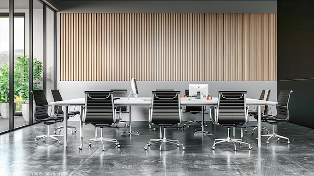 Oficina de negocios moderna con muebles elegantes, espacios abiertos y diseño contemporáneo, ideal para entornos de trabajo profesionales y creativos