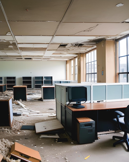 Foto oficina de negocios vacía en ruinas al estilo de los años 90 con muebles desgastados y equipos informáticos generativos ai