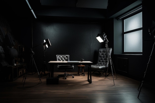 Una oficina negra con una pared negra y un escritorio con una silla de cuero y una silla de cuero.