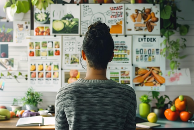 En una oficina de nutricionistas una mujer estudia cuidadosamente un plan de dieta personalizado rodeado de imágenes o