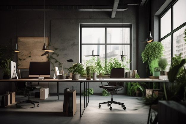 Una oficina oscura con una gran ventana y un escritorio con una silla y una planta encima.
