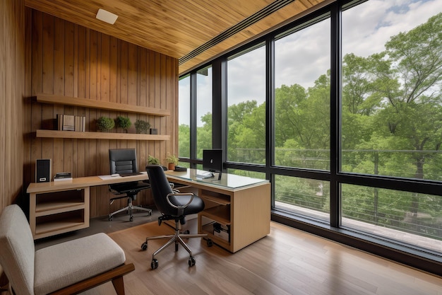 Oficina con paneles de madera y grandes ventanales que brindan luz natural creada con ai generativa