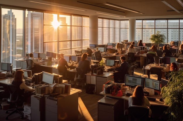 Una oficina con paredes de vidrio con vistas a la ciudad Un espacio de oficina bullicioso IA generativa