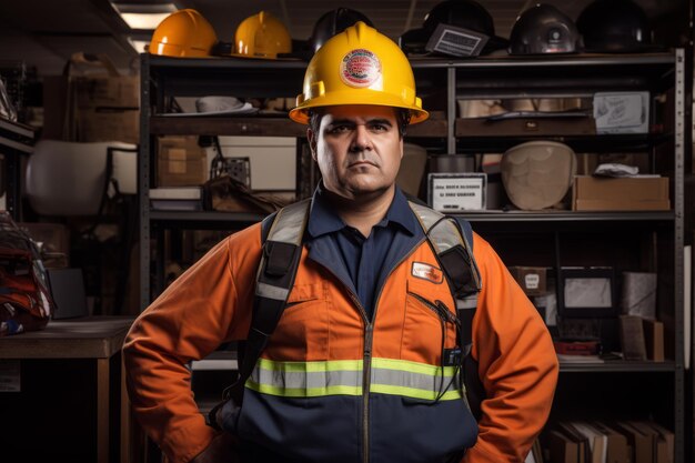 Foto la oficina de seguridad laboral en uniforme y casco está en el interior.