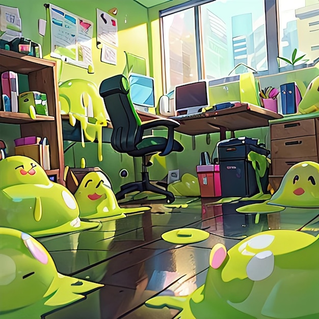 Oficina tóxica con charcos de limo linda ilustración sencilla al estilo anime