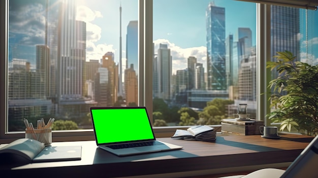 una oficina de trabajo en casa con una computadora portátil en la mesa y una ventana panorámica con vistas a la ciudad