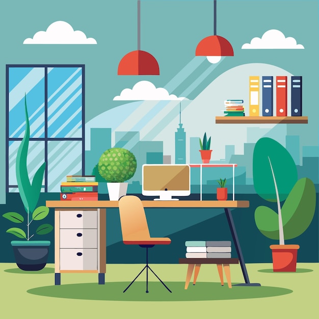 Oficina urbana moderna con plantas verdes y una decoración vibrante