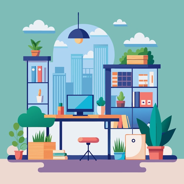 Oficina urbana moderna con plantas verdes y una decoración vibrante