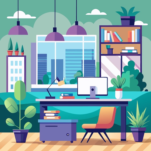 Oficina urbana moderna con plantas verdes y una decoración vibrante