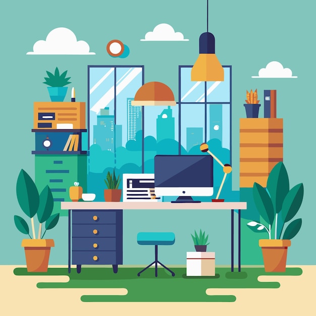 Oficina urbana moderna con plantas verdes y una decoración vibrante