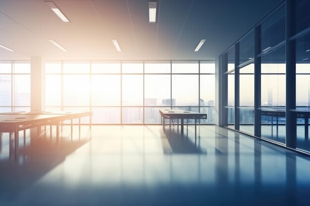 Oficina vacía con una gran ventana y una mesa para una reunión.