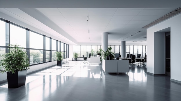 Oficina vacía Oficina abierta corporativa moderna con un diseño moderno minimalista en blancos y grises Generative Ai