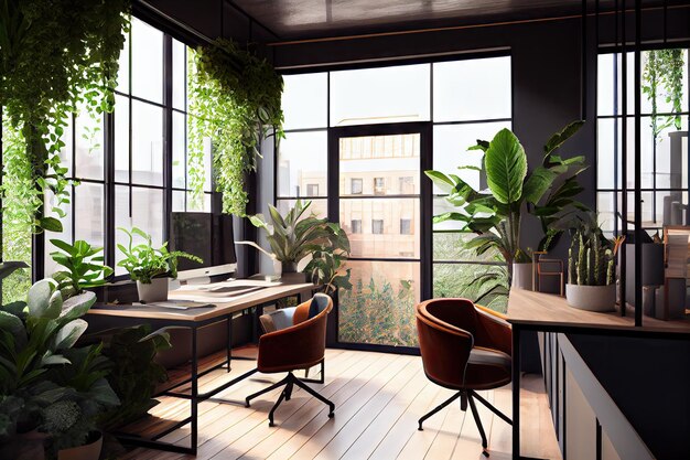 Oficina con ventanas y luz natural y plantas para zonas verdes creadas con ai generativo