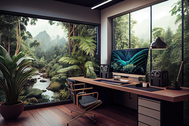 Oficina con vista a la exuberante selva tropical llena de plantas y vida silvestre creada con inteligencia artificial generativa