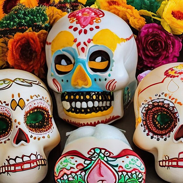 Ofrenda mexicana calaverita de azúcar con elementos tradicionales