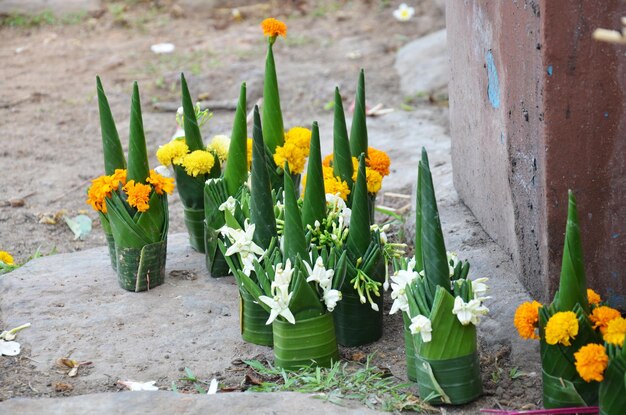 Ofrenda sacrificial hecha de hojas y flores de plátano orando a Buda y a Dios en Vat Phou o Wat Phu en el sitio del Patrimonio Mundial de la UNESCO en Pakse Champasak Laos