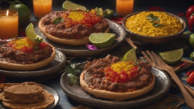 Ofrenda tradicional mexicana de dia de muertos con sopas de carne y pulque