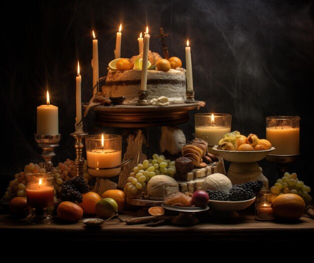 Ofrendas de alimentos y velas