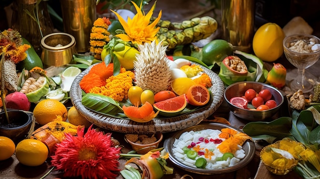 Foto ofrendas simbólicas frutas songkran y artículos significativos generado por ia