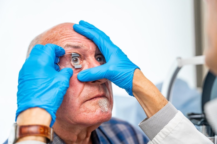 Foto oftalmologista aplicando um abridor de olhos em um paciente idoso