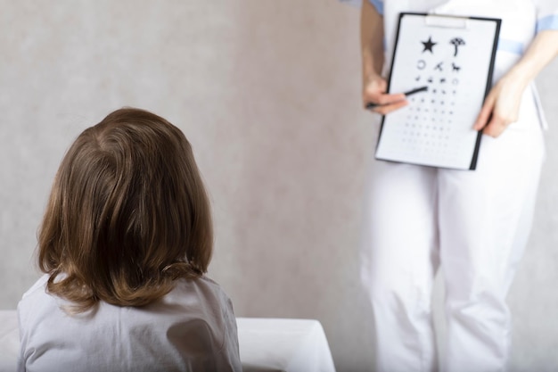 El oftalmólogo comprueba la visión de un niño de 5 años mediante una tabla optométrica para niños.