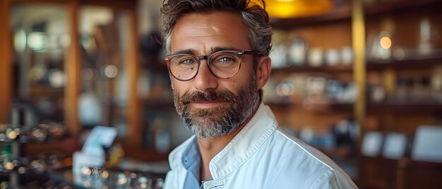 Foto oftalmólogo examinando marcos de gafas frente a las vitrinas de las tiendas de óptica concepto óptico marcos de gafas de la tienda de óptica examen ocular corrección de la visión