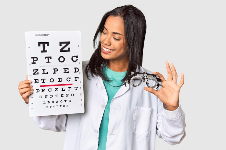 Foto oftalmólogo filipino joven con gafas de optometría y prueba