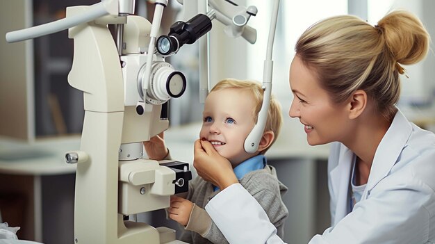 Un oftalmólogo masculino chequea la vista de una niña con una lámpara binocular