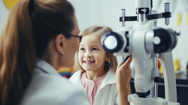 Foto un oftalmólogo masculino chequea la vista de una niña con una lámpara binocular