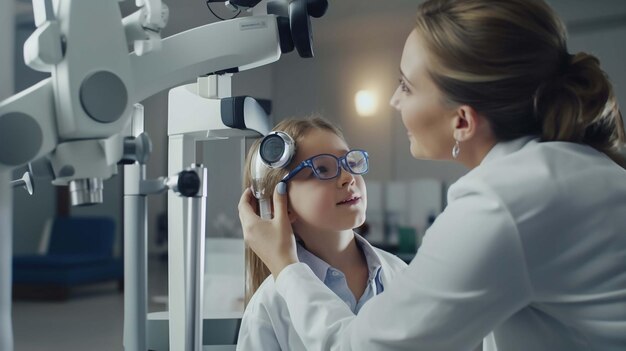 Un oftalmólogo masculino chequea la vista de una niña con una lámpara binocular