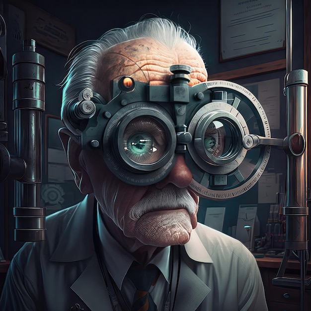 Un oftalmólogo mira lentes enormes Tratamiento de medicina atmósfera sombría hospital persona inexistente arte de alta resolución inteligencia artificial generativa
