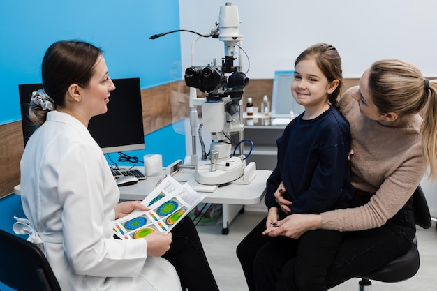 Oftalmólogo pediátrico examina y consulta a la madre con su hijo Diagnóstico y examen de la córnea y los ojos de la niña