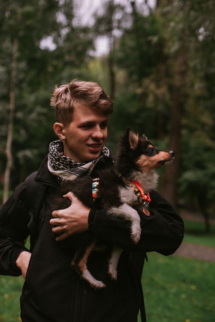 Foto og-besitzer, der einen welpen an den händen hält