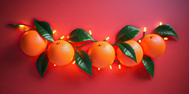 Oh, leuchtende Mandarine mit Blättern auf Rot sieht köstlich aus
