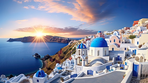 La Oia Santorini Grecia edificios lavados de blanco con cúpula azul creados con tecnología de IA generativa