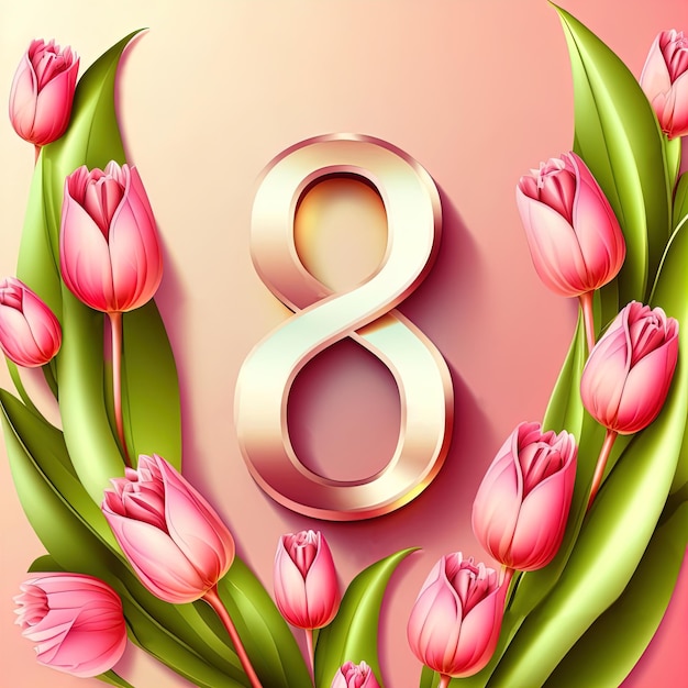 Oito de modelo de março com brilhante número oito com flores de tulipa em fundo rosa