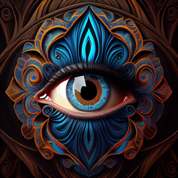 Un ojo azul con un diseño dorado.