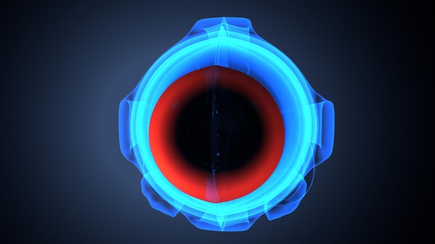 un ojo azul con un diseño rojo y azul en él