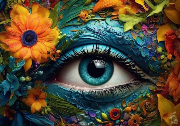 Un ojo azul con flores está rodeado de flores.