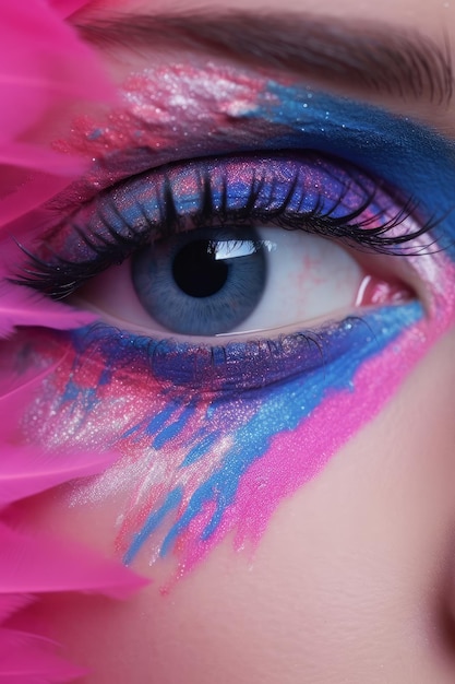Un ojo azul con un maquillaje de ojos rosa y azul.