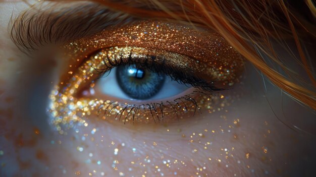 Foto ojo azul de mujer con brillo dorado