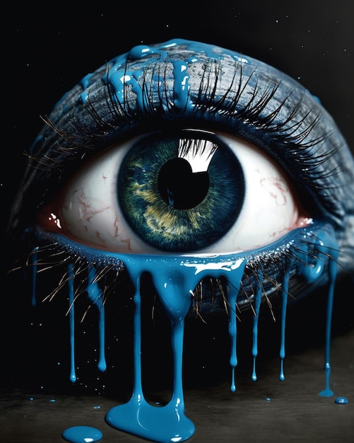 Un ojo azul con la palabra lágrimas en él.