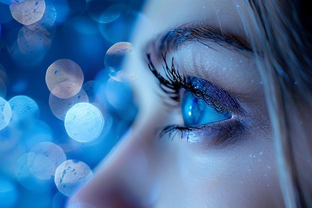Un ojo azul con el reflejo de un ojo de mujer